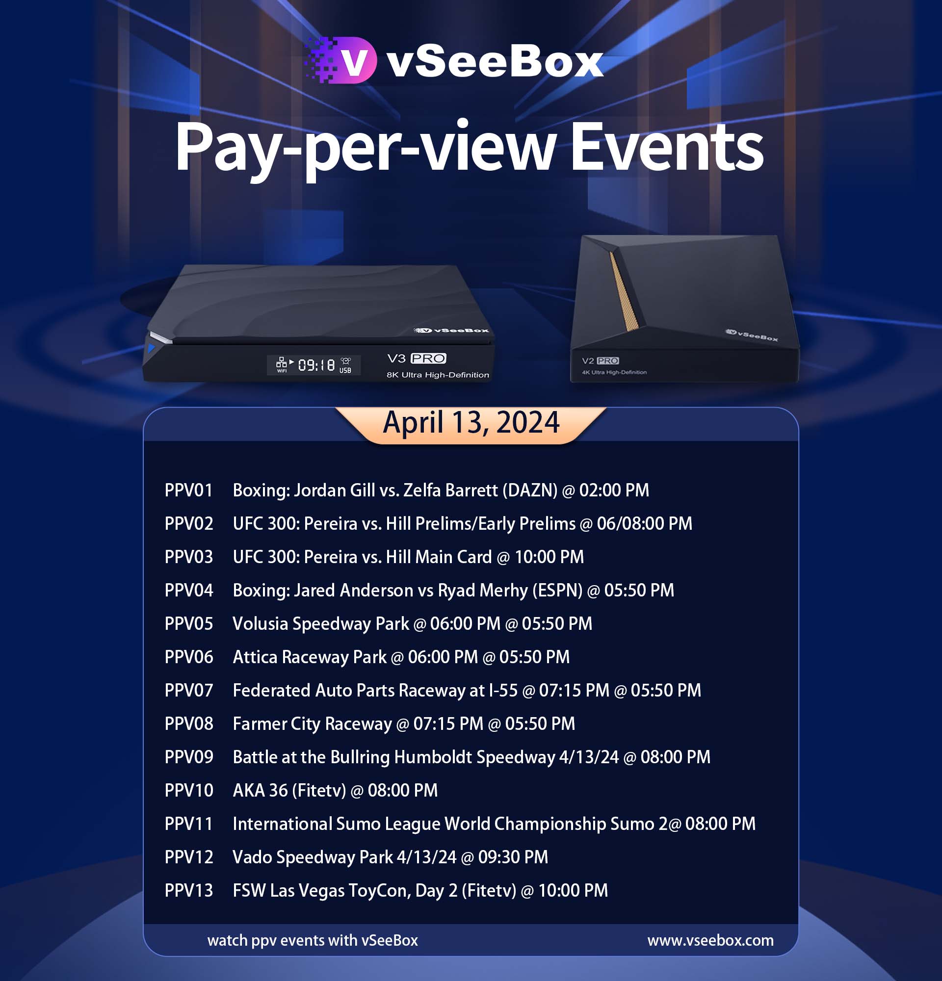 vSeeBox PPV Schedule: April 13, 2024